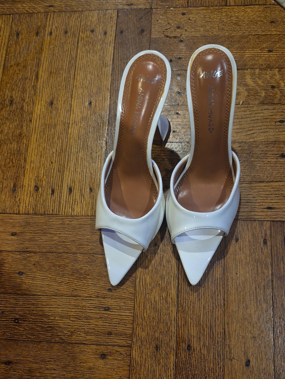 Amina Muaddi White Pointed-Toe Slide Heels